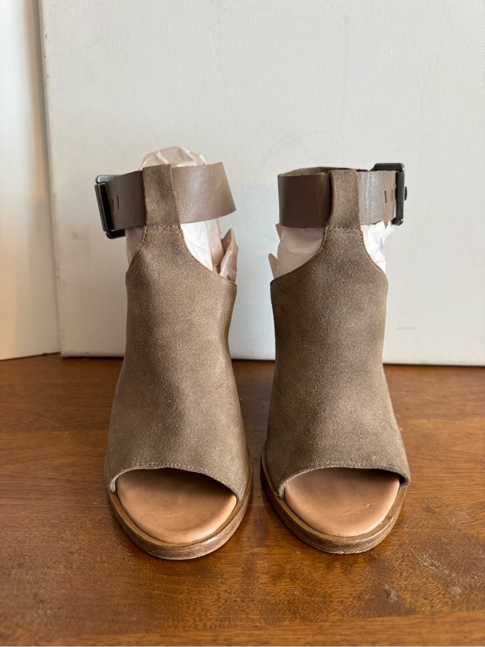 Marc Fisher Taupe Suede Open-Toe Mules with Ankle Strap